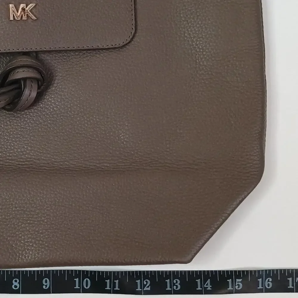 Michael Kors Junie Medium Flap Backpack Pebbled Leather Gold Hardware Taupe Bag